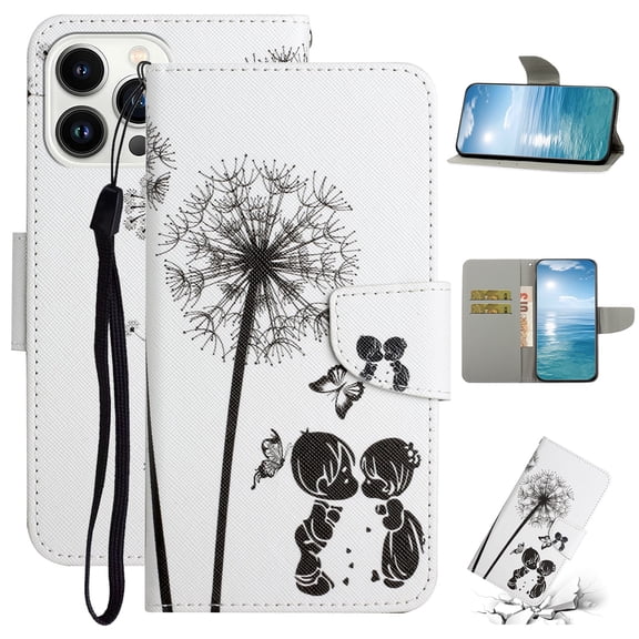 SaniMore for iPhone 15 Pro Max Wallet Case, Painted PU Leather for Women Men with Wrist Strap Magnetic Clasp Card Slots All-around Protective Shockproof Anti-fall Stylish Stand Shell, V-Dandelion