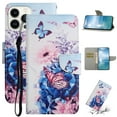 thumbnail image 1 of SaniMore for iPhone 15 Pro Max Wallet Case, Painted PU Leather for Women Men with Wrist Strap Magnetic Clasp Card Slots All-around Protective Shockproof Anti-fall Stylish Stand Shell, Purple Butterfly, 1 of 7