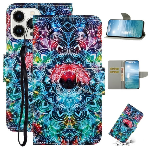SaniMore for iPhone 15 Pro Max Wallet Case, Painted PU Leather for Women Men with Wrist Strap Magnetic Clasp Card Slots All-around Protective Shockproof Anti-fall Stylish Stand Shell, C-Mandala