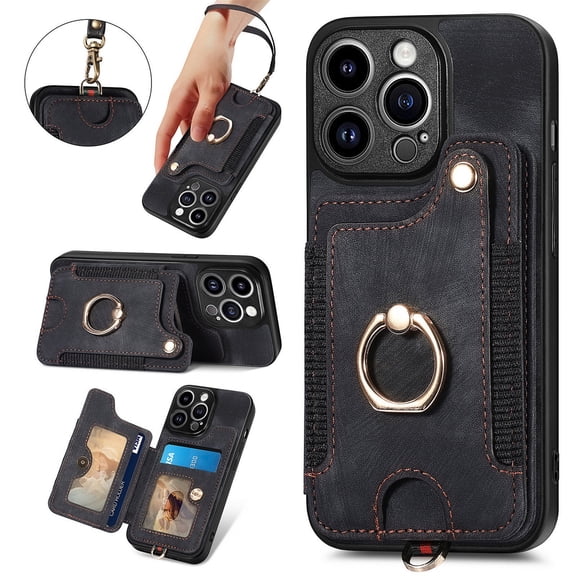 SaniMore for iPhone 15 Pro Max Wallet Case, [RFID Blocking] Elastic Card Slot Vehicle Magnetic PU Leather Ring Holder & Lanyard Stand Money Pocket Protective Cover for iPhone 15 Pro Max, Black