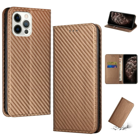 SaniMore for iPhone 15 Pro Max Wallet Case, Wrist Strap Magnetic Clasp, Card Slots Carbon Fibre Shockproof TPU Anti-drop Anti-scractch Stand Business Protective Shell for iPhone 15 Pro Max, Brown