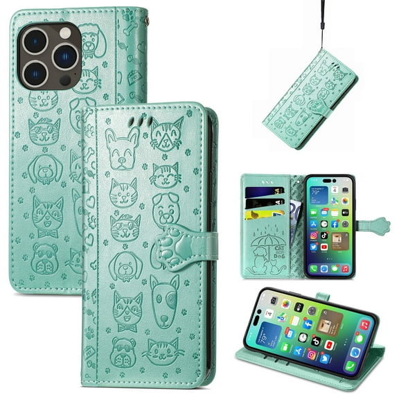 SaniMore for iPhone 15 Pro PU Leather Flip Wallet Case, Cat Dog Cartoon Cute Style with ID Card Holder Kickstad Cover Case with Wrist Strap for iPhone 15 Pro 6.1" 2023, Green