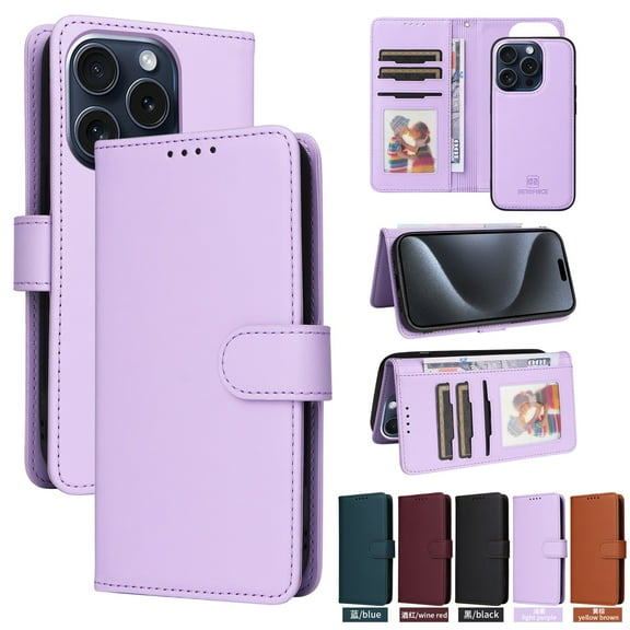SaniMore for iPhone 15 Pro Wallet Case, Detachable Strong Magnetic PU Leather Flip Cover PU Leather with Magnetic Shell Card Slots Cash Pocket Wristlet Strap Full Body Protective Stand Shell, Purple