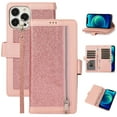 thumbnail image 1 of SaniMore for iPhone 15 Pro Wallet Case, Glitter PU Leather for Girls Women Zipper Purse Card Slots Cash Pocket Hand Rope Flip Kickstand Shockproof TPU Inner Magnetic Clasp Protective Shell, Pink, 1 of 7