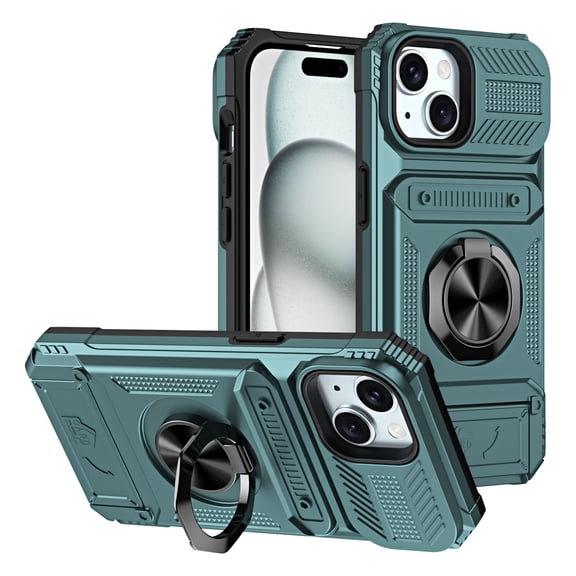SaniMore for iPhone 15 Stand Case, Armor Design Military-grade Drop Resistant Magnetic Car Mount Hidden Card Holder [Up to 2] Heavy Duty Protective Hybird Shockproof No-slip for iPhone 15, Green