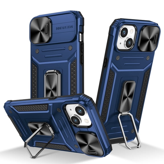 SaniMore for iPhone 15 Stand Case, Slide Camera Cover 360 Degree Rotating Kickstand Magnetic Car Mount Hybird Tri-layer Rugged Shell Military-grade Shockproof Anti-drop Cover, Navyblue