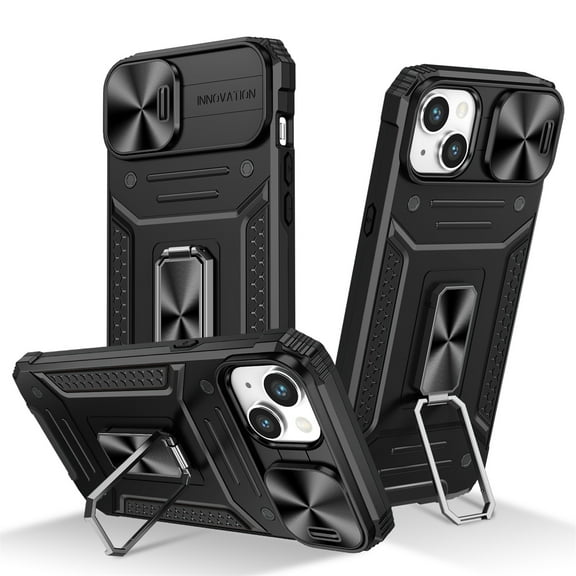 SaniMore for iPhone 15 Stand Case, Slide Camera Cover 360 Degree Rotating Kickstand Magnetic Car Mount Hybird Tri-layer Rugged Shell Military-grade Shockproof Anti-drop Cover, Black