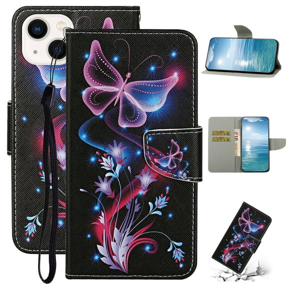 SaniMore for iPhone 15 Wallet Case, Painted PU Leather for Women Men with Wrist Strap Magnetic Clasp Card Slots All-around Protective Shockproof Anti-fall Stylish Stand Shell, E-Fluorescent Butterfly