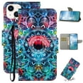 thumbnail image 1 of SaniMore for iPhone 15 Wallet Case, Painted PU Leather for Women Men with Wrist Strap Magnetic Clasp Card Slots All-around Protective Shockproof Anti-fall Stylish Stand Shell, C-Mandala, 1 of 8
