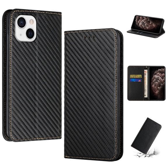 SaniMore for iPhone 15 Wallet Case, Wrist Strap Magnetic Clasp, Card Slots Carbon Fibre Skin Shockproof TPU Anti-drop Anti-scractch Stand Business Full Body Protective Shell for iPhone 15,Black