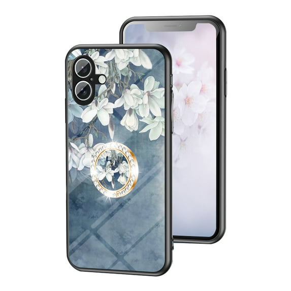 SaniMore for iPhone 16 Case, Diamonds Glass Magnetic Support Flexible TPU Flower Pattern Cover with Rotatable Ring Kickstand Shockproof Protective Shell for iPhone 16, Blue Flower