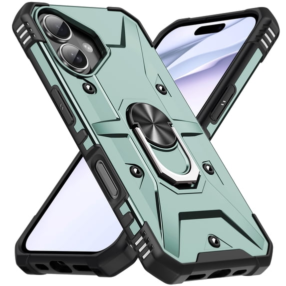 SaniMore for iPhone 16 Plus Multi-Functional Case, Rugged PC Magnetic Cover Built-in Car Mount & 360° Rotatable Metal Ring Kickstand Military Grade Shockproof Protective Shell, Darkgreen
