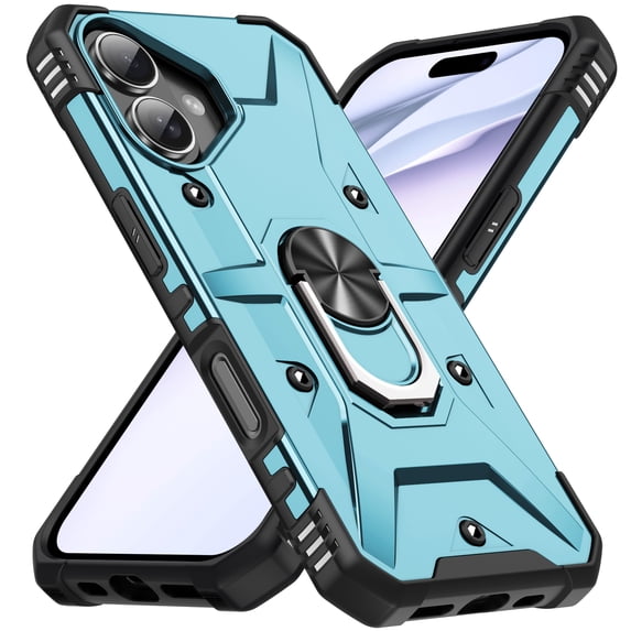 SaniMore for iPhone 16 Plus Multi-Functional Case, Rugged PC Magnetic Cover Built-in Car Mount & 360° Rotatable Metal Ring Kickstand Military Grade Shockproof Protective Shell, Lightblue