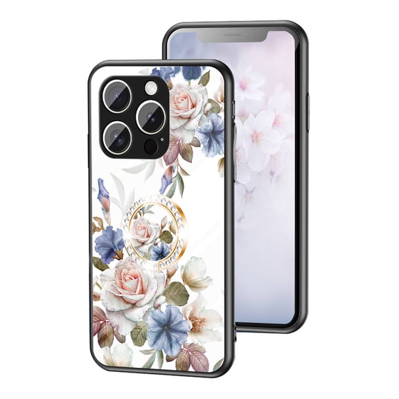 SaniMore for iPhone 16 Pro Case, Diamonds Glass Magnetic Support Flexible TPU Flower Pattern Cover with Rotatable Ring Kickstand Shockproof Protective Shell for iPhone 16 Pro, White Flower