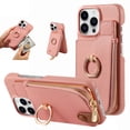 thumbnail image 1 of SaniMore for iPhone 16 Pro Case, PU Leather Zipper Purse RFID Blocking Card Slots Flip Kickstand Metal Finger Ring Magnetic Car Mount Shockproof Anti-fall Rugged Wallet Shell for Ladies Men, Pink, 1 of 10