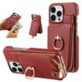 thumbnail image 1 of SaniMore for iPhone 16 Pro Case, PU Leather Zipper Purse RFID Blocking Card Slots Flip Kickstand Metal Finger Ring Magnetic Car Mount Shockproof Anti-fall Rugged Wallet Shell for Ladies Men, Red, 1 of 10