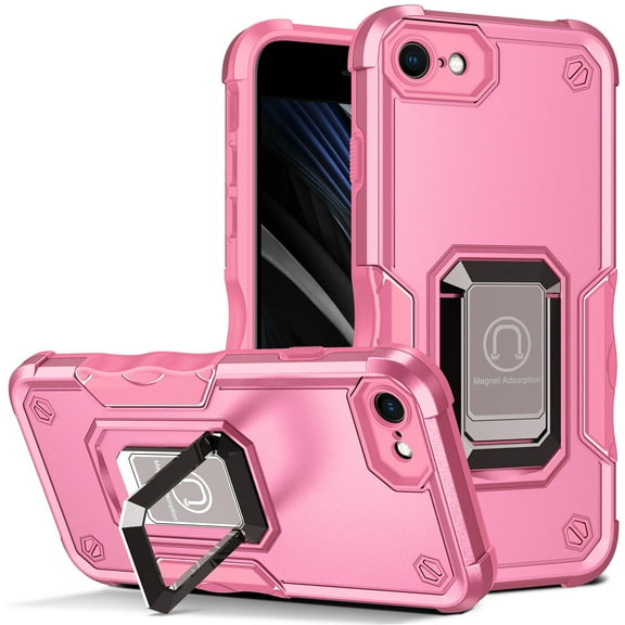 SaniMore for iPhone 7/iPhone 8/iPhone SE 2020/iPhone SE 2022 4.7 inch Case with Kickstand Armor Magnetic Ring Rugged Protective Military Grade Shockproof Case, Pink