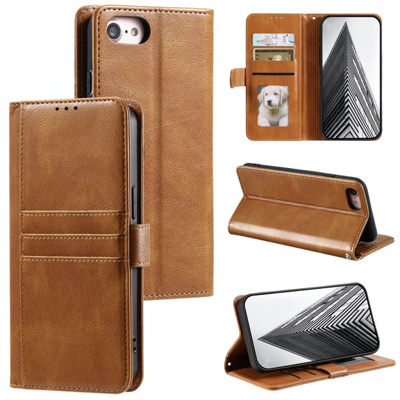 SaniMore for iPhone 8 Plus/7 Plus PU Leather Case, Wallet Design with Card Slots Cash Pocket [Wrist Strap] Flip kickstand Full Body Protection Magnetic Closure Business TPU Shell, Brown