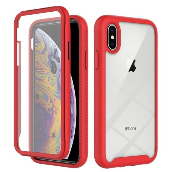 SaniMore for iPhone X/XS Case, Rugged PC Back & TPU Bumpers Two-Layer Structure Transparent Cover with PET Screen Protector Shockproof Protective Shell for iPhone X/XS, Red