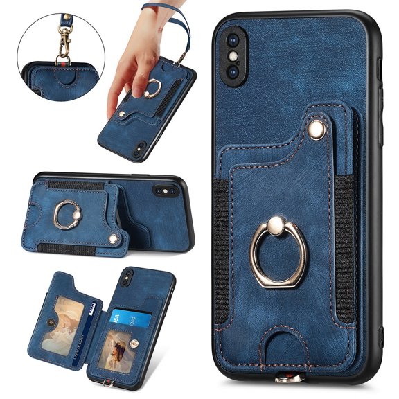 SaniMore for iPhone Xs Max Wallet Case, [RFID Blocking] Elastic Card Slot Vehicle Magnetic PU Leather Ring Holder & Lanyard Stand Money Pocket Protective Cover for iPhone Xs Max, Blue