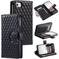 thumbnail image 1 of SaniMore for iPhone iPhone 7 / 8 / SE 2022 & 2020 PU Leather Case, 3D Lattice Pattern for Girls Card Slots Zipper Purse Glitter Magnetic Clasp Flip Kicstand [Hand Rope] Full Protection, Black, 1 of 15