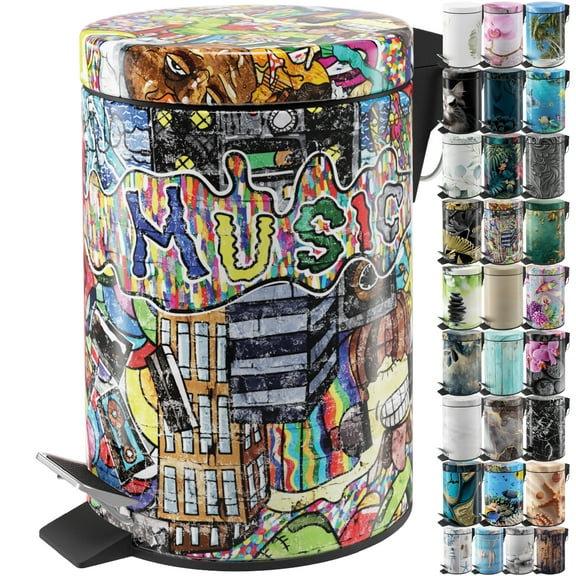Sanilo Trash Can 1.3 Gallon with Soft Close, Many New Cosmetic and Kitchen Waste Bins Available, Bathroom Bin with Inner Bucket (Graffiti)