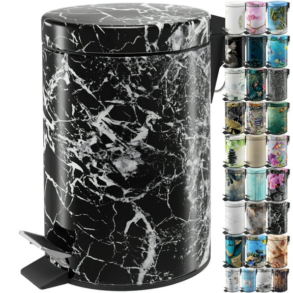 Sanilo Trash Can 1.3 Gallon with Soft Close, Many New Cosmetic and Kitchen Waste Bins Available, Bathroom Bin with Inner Bucket (Marble Black)