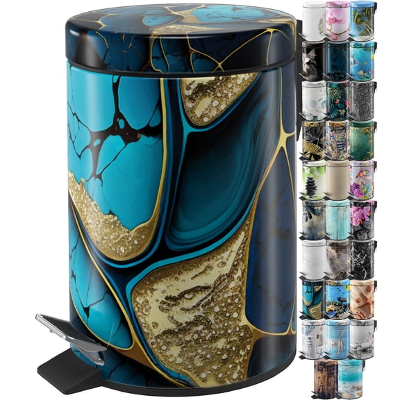 Sanilo Trash Can 1.3 Gallon with Soft Close, Many New Cosmetic and Kitchen Waste Bins Available, Bathroom Bin with Inner Bucket (Marble Cobalt)