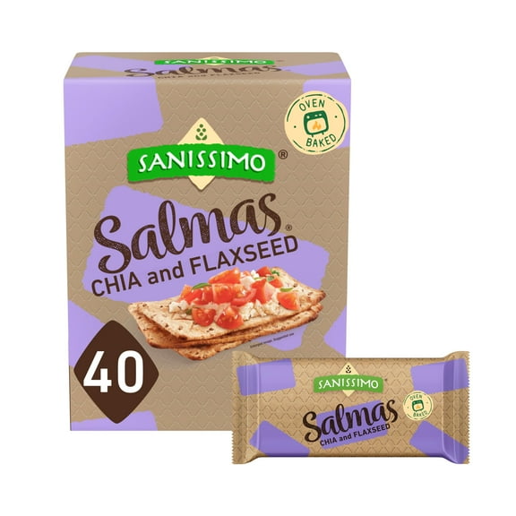 Sanissimo Salmas Chia & ESF27 Flaxseed, 40 Packs of 3 Crackers, Oven Baked Corn Crackers, Gluten Free, Non-GMO, Kosher Certified