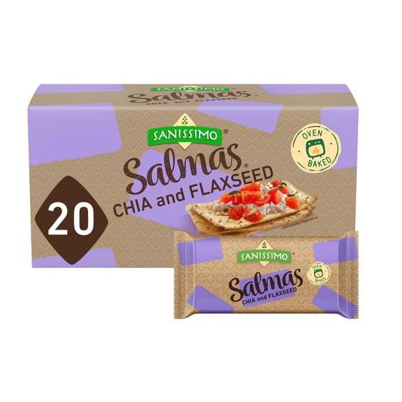 Sanissimo Salmas Chia & Flaxseed, 20 Packs of 3 Crackers, Oven Baked Corn Crackers, Gluten Free, Non-GMO, Kosher Certified