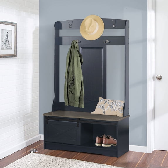 Sanit Birch Hawksbury Transitional Particle Board Black Hall Tree & Shoe Bench