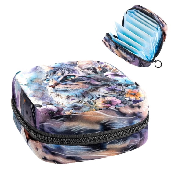 Sanitary Napkin Storage Bag, Beautiful Cat with Floral Watercolor Portable Menstrual Pad Bag for Teen Girls Store Panty Liners Tampons Sanitary Pads for Women Ladies