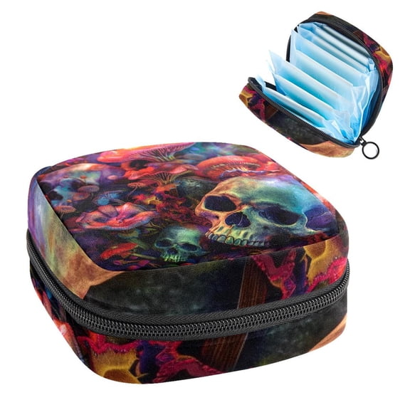 Sanitary Napkin Storage Bag, Bright Mushrooms and Skulls Portable Menstrual Pad Bag for Teen Girls Store Panty Liners Tampons Sanitary Pads for Women Ladies