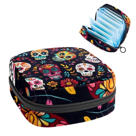 Sanitary Napkin Storage Bag, Colorful Day of the Dead Skulls Doodle Pattern Portable Menstrual Pad Bag for Teen Girls Store Panty Liners Tampons Sanitary Pads for Women Ladies