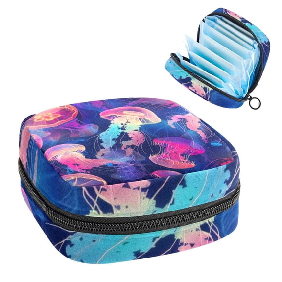 Sanitary Napkin Storage Bag, Colorful Ocean Jellyfish Aesthetic Pattern Portable Menstrual Pad Bag for Teen Girls Store Panty Liners Tampons Sanitary Pads for Women Ladies