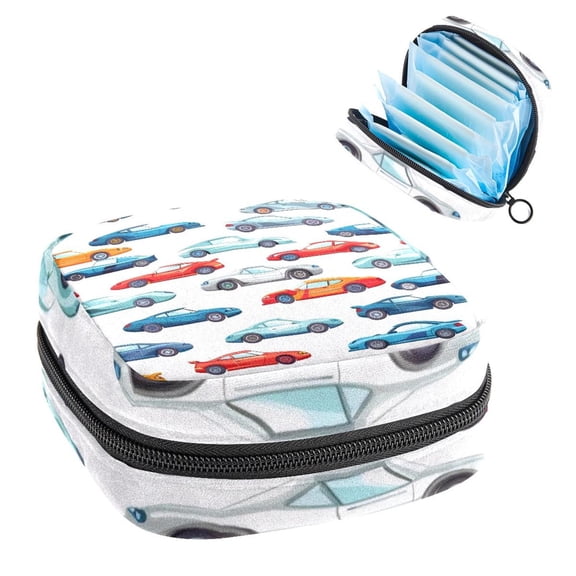 Sanitary Napkin Storage Bag, Cool Race Cars Seamless Pattern Portable Menstrual Pad Bag for Teen Girls Store Panty Liners Tampons Sanitary Pads for Women Ladies