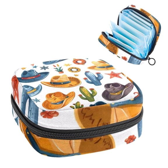 Sanitary Napkin Storage Bag, Cowboy Hats Cactus Horseshoe Stars Pattern Portable Menstrual Pad Bag for Teen Girls Store Panty Liners Tampons Sanitary Pads for Women Ladies