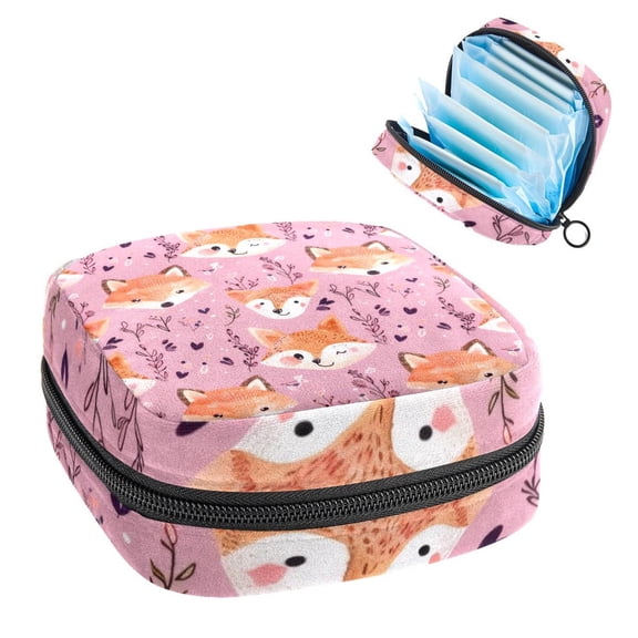 Sanitary Napkin Storage Bag, Cute Animals Fox Face Forest Pattern Portable Menstrual Pad Bag for Teen Girls Store Panty Liners Tampons Sanitary Pads for Women Ladies