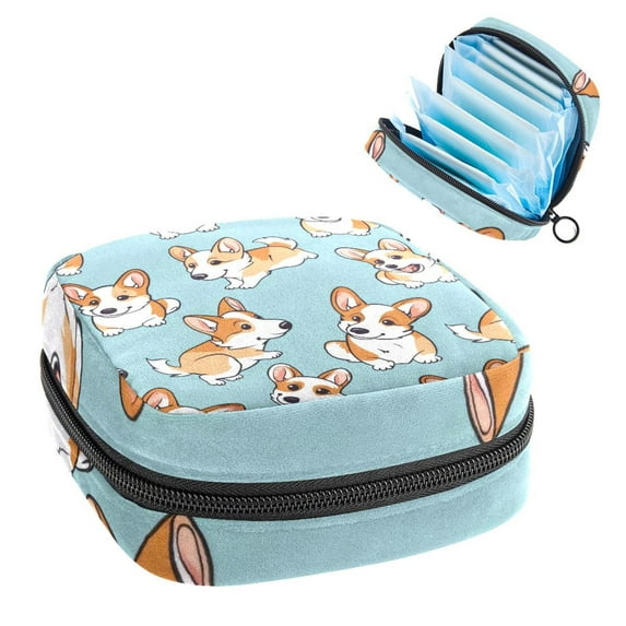 Sanitary Napkin Storage Bag, Cute Cartoon Corgi Dogs Portable Menstrual Pad Bag for Teen Girls Store Panty Liners Tampons Sanitary Pads for Women Ladies