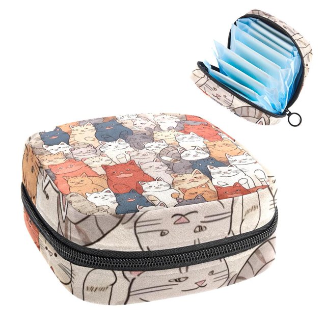 Sanitary Napkin Storage Bag, Cute Cat Faces Seamless Pattern Portable Menstrual Pad Bag for Teen Girls Store Panty Liners Tampons Sanitary Pads for Women Ladies