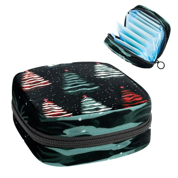 Sanitary Napkin Storage Bag, Cute Christmas Trees Seamless Black Background Portable Menstrual Pad Bag for Teen Girls Store Panty Liners Tampons Sanitary Pads for Women Ladies