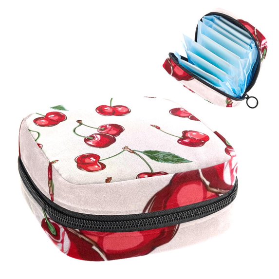 Sanitary Napkin Storage Bag, Cute Red Cherry Fruit with Leaves Pattern Portable Menstrual Pad Bag for Teen Girls Store Panty Liners Tampons Sanitary Pads for Women Ladies