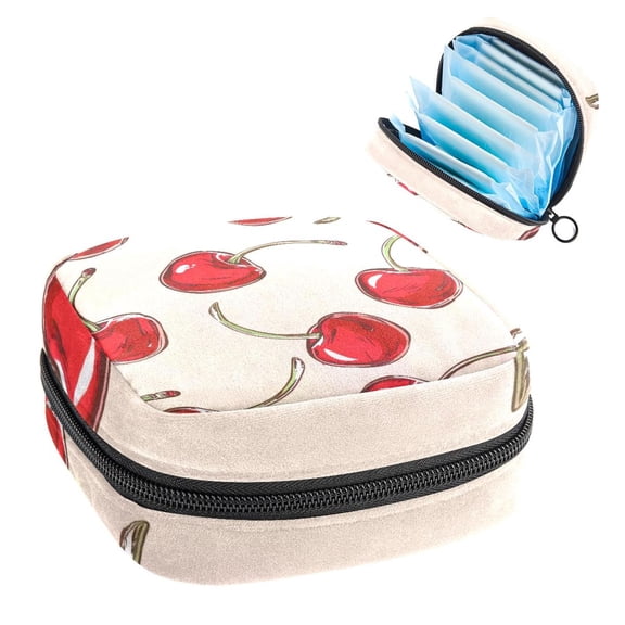 Sanitary Napkin Storage Bag, Cute Red Cherry Fruit Portable Menstrual Pad Bag for Teen Girls Store Panty Liners Tampons Sanitary Pads for Women Ladies