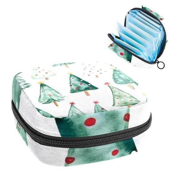 Sanitary Napkin Storage Bag, Cute Watercolor Christmas Trees Portable Menstrual Pad Bag for Teen Girls Store Panty Liners Tampons Sanitary Pads for Women Ladies