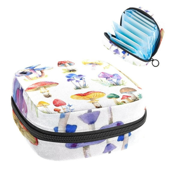 Sanitary Napkin Storage Bag, Cute Watercolor Colorful Mushrooms Portable Menstrual Pad Bag for Teen Girls Store Panty Liners Tampons Sanitary Pads for Women Ladies