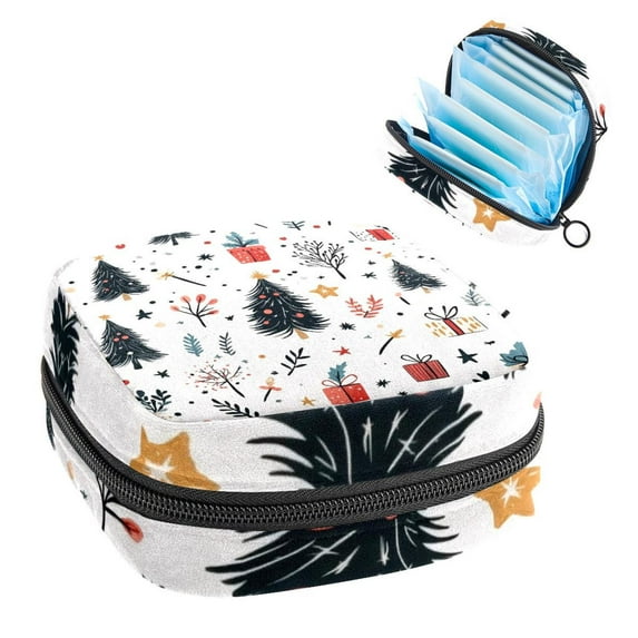 Sanitary Napkin Storage Bag, Cute Xmas Elements Christmas Tree Stars Twigs and Leaves Portable Menstrual Pad Bag for Teen Girls Store Panty Liners Tampons Sanitary Pads for Women Ladies