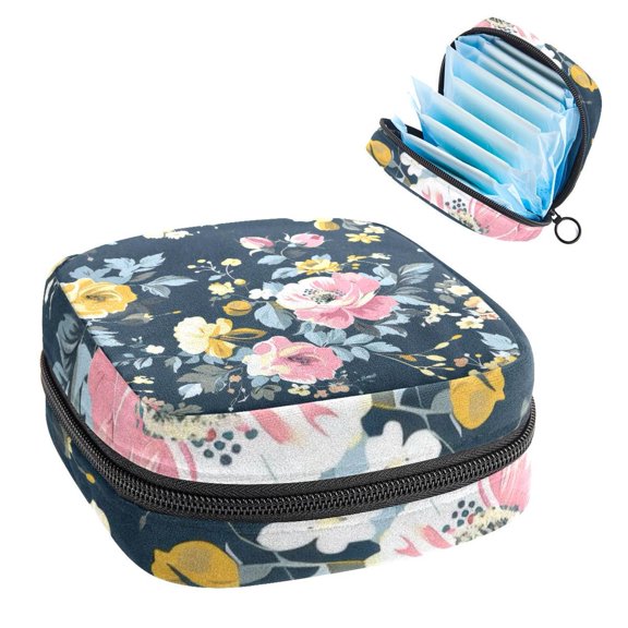 Sanitary Napkin Storage Bag, Flowers Floral Pattern Portable Menstrual Pad Bag for Teen Girls Store Panty Liners Tampons Sanitary Pads for Women Ladies
