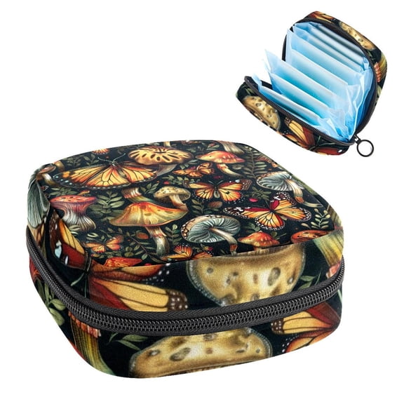 Sanitary Napkin Storage Bag for Girls Women, Portable First Period Pads Bag Tampons Holder Girls Travel Makeup Bag, Large Capacity Aesthetic Mushroom and Butterflies Plants