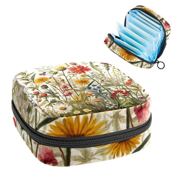 Sanitary Napkin Storage Bag for Girls Women, Portable First Period Pads Bag Tampons Holder Girls Travel Makeup Bag, Large Capacity Antique Botanical Wildflowers Floral Herbs