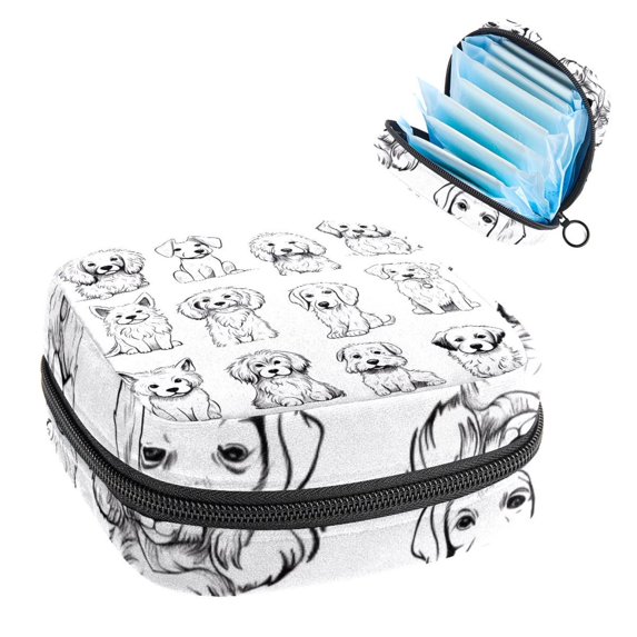 Sanitary Napkin Storage Bag for Girls Women, Portable First Period Pads Bag Tampons Holder Girls Travel Makeup Bag, Large Capacity Doodle Art Animal Dogs Puppy Characters